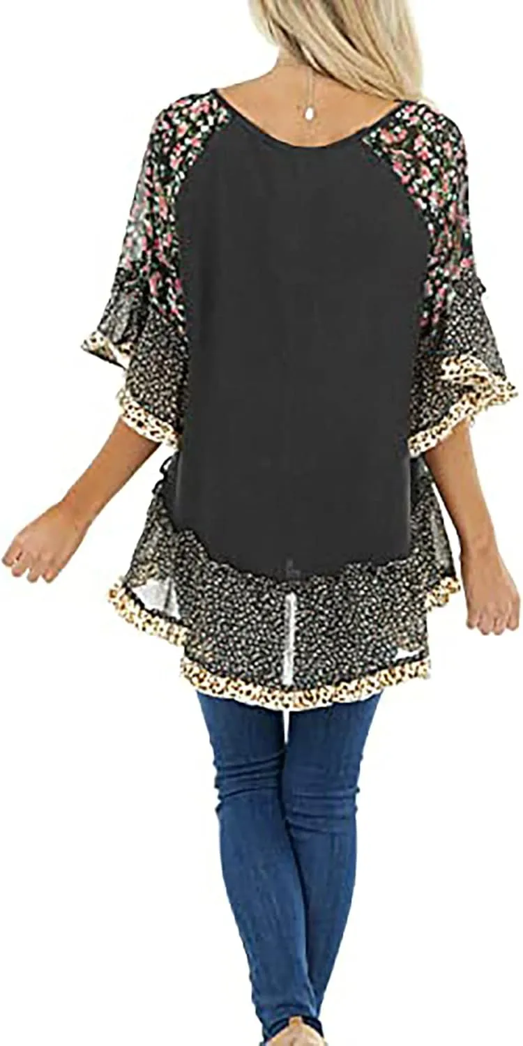 CASURESS Women's Floral Printed Ruffle 3 4 Sleeve Shirt Batwing Loose Tops Blouses Pullover