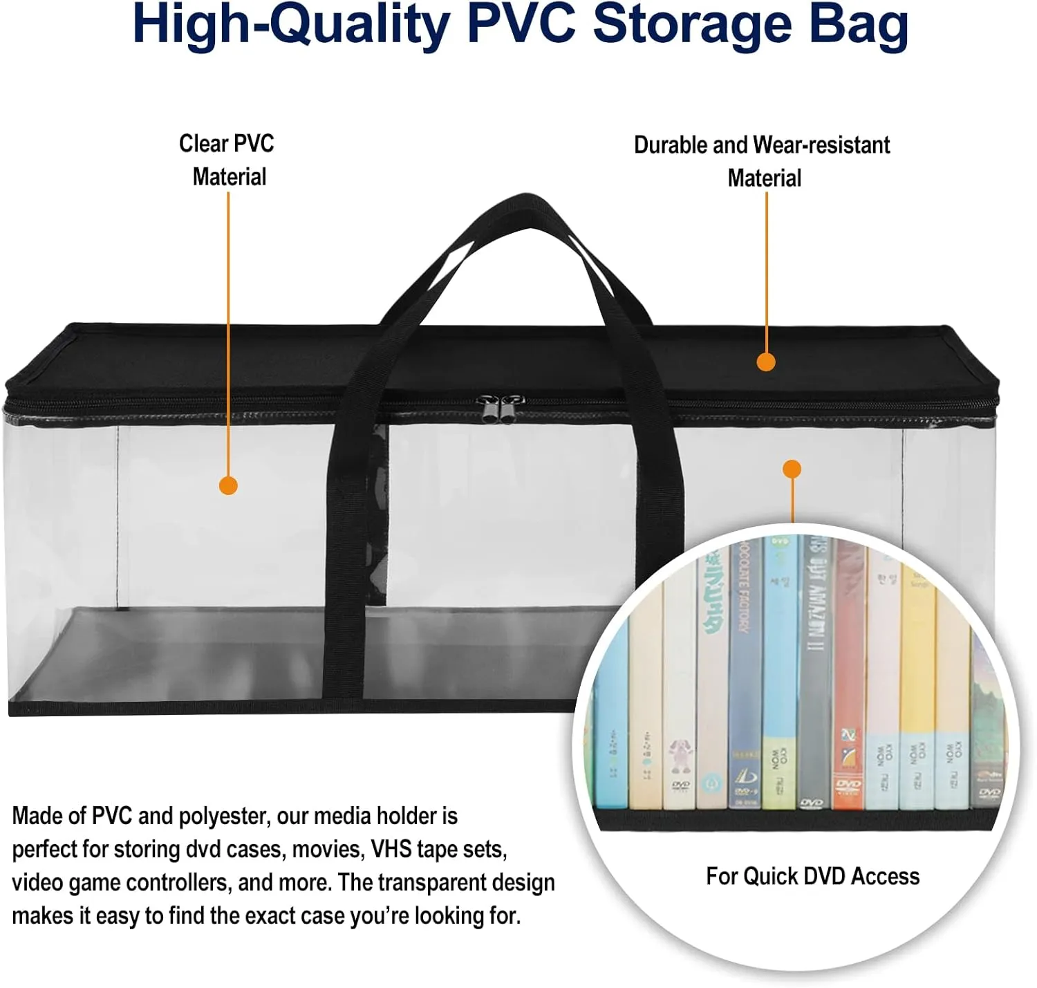 CCidea DVD Storage Bags (Set of 6) Clear PVC Media Holder Case with Handles for DVDs/CDs/VHS Box/Blu Ray Disc/Movie Cases/Video Games Discs - Each Bag Holds up to 40 DVDs