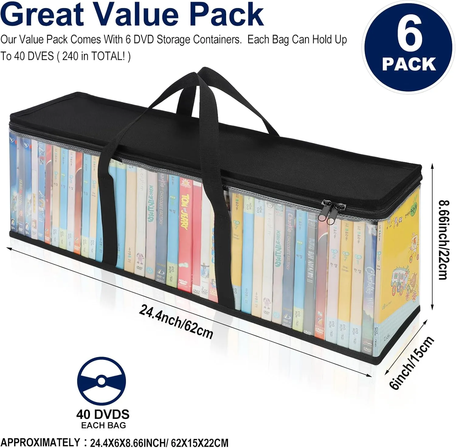 CCidea DVD Storage Bags (Set of 6) Clear PVC Media Holder Case with Handles for DVDs/CDs/VHS Box/Blu Ray Disc/Movie Cases/Video Games Discs - Each Bag Holds up to 40 DVDs