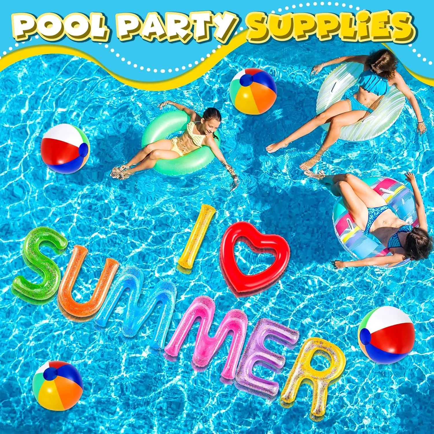 Ceenna 20" I Love Summer Floating Pool Letters Summer Party Inflatable Floats Letters Decoration Surfboard Hawaiian Luau Inflatable Signs with 4 Beach Balls