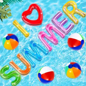 Ceenna 20" I Love Summer Floating Pool Letters Summer Party Inflatable Floats Letters Decoration Surfboard Hawaiian Luau Inflatable Signs with 4 Beach Balls