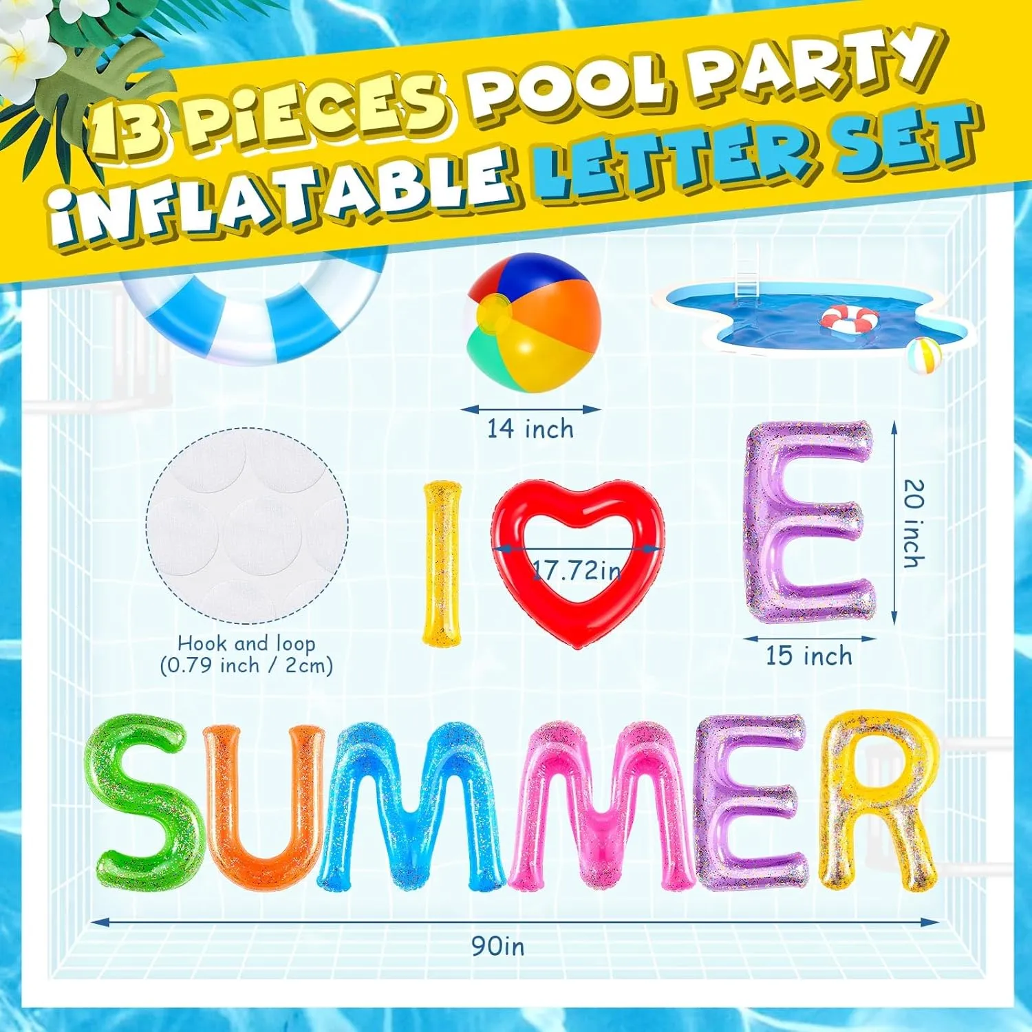 Ceenna 20" I Love Summer Floating Pool Letters Summer Party Inflatable Floats Letters Decoration Surfboard Hawaiian Luau Inflatable Signs with 4 Beach Balls