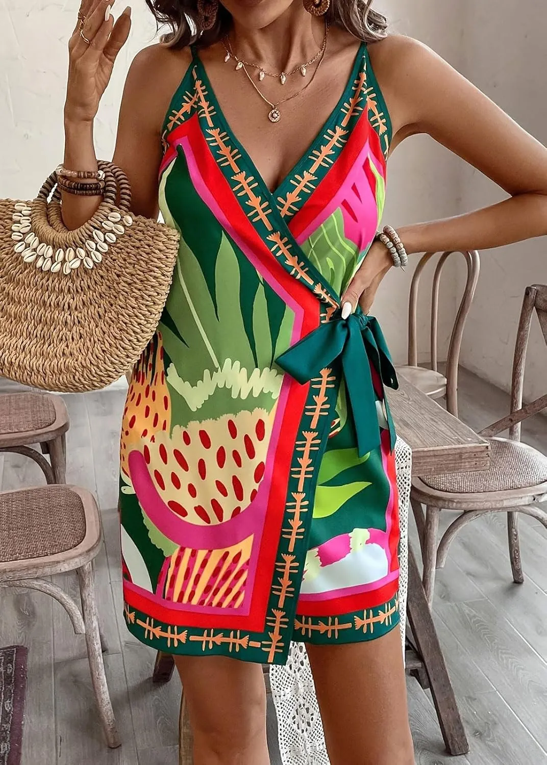 CHARTOU Women Summer Short Floral Boho Wrap Dress Spaghetti Strap Side Tie Asymmetrical Mini Dress