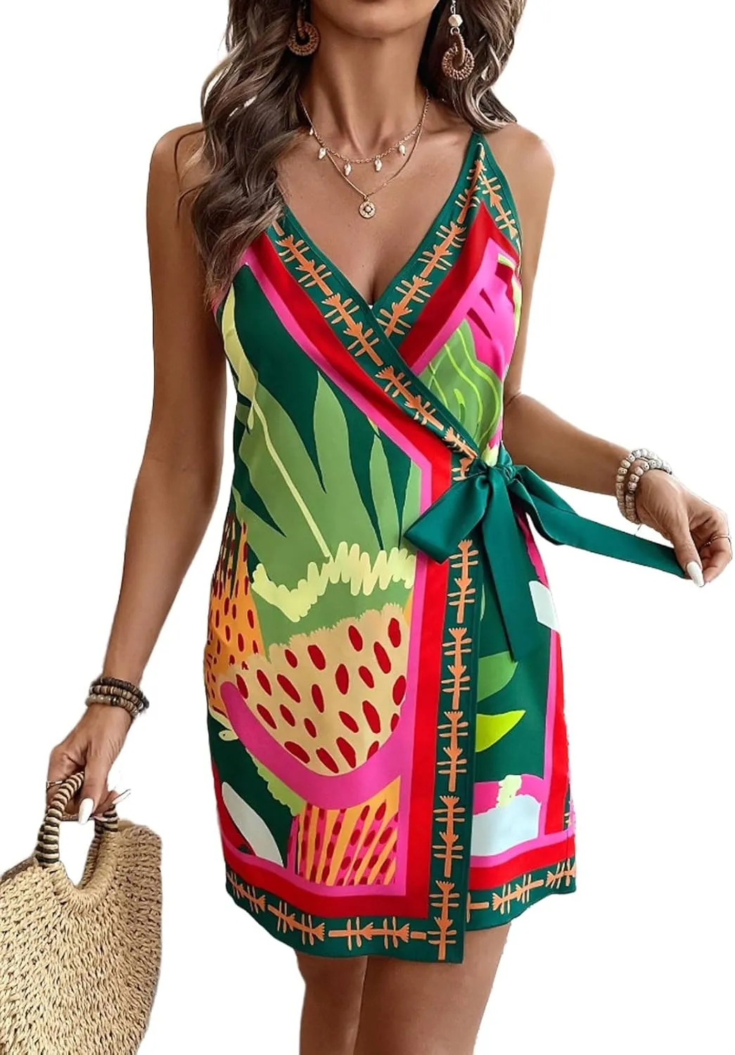 CHARTOU Women Summer Short Floral Boho Wrap Dress Spaghetti Strap Side Tie Asymmetrical Mini Dress