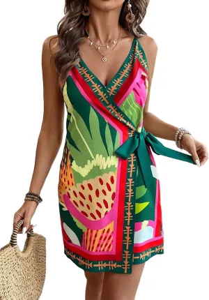 CHARTOU Women Summer Short Floral Boho Wrap Dress Spaghetti Strap Side Tie Asymmetrical Mini Dress