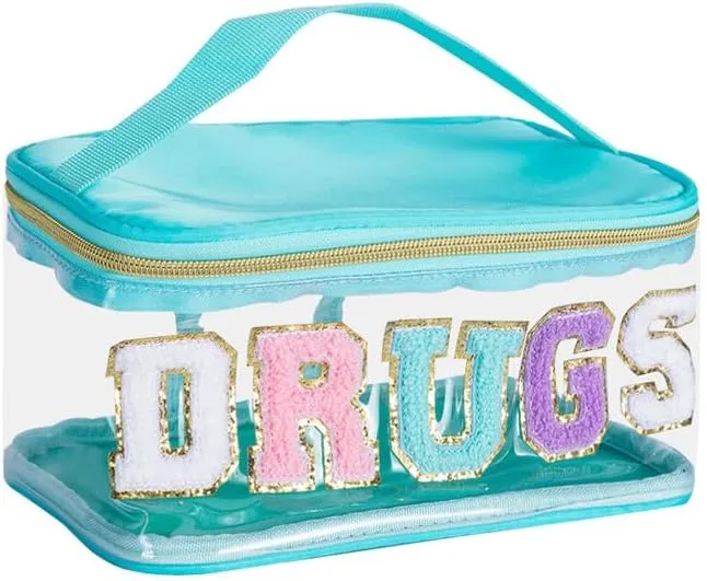 Chenille Letter Patches,Clear Makeup Bags Purse Pouch,Preppy Nylon PVC Large Cosmetic Toiletry Storage Bag with Handle