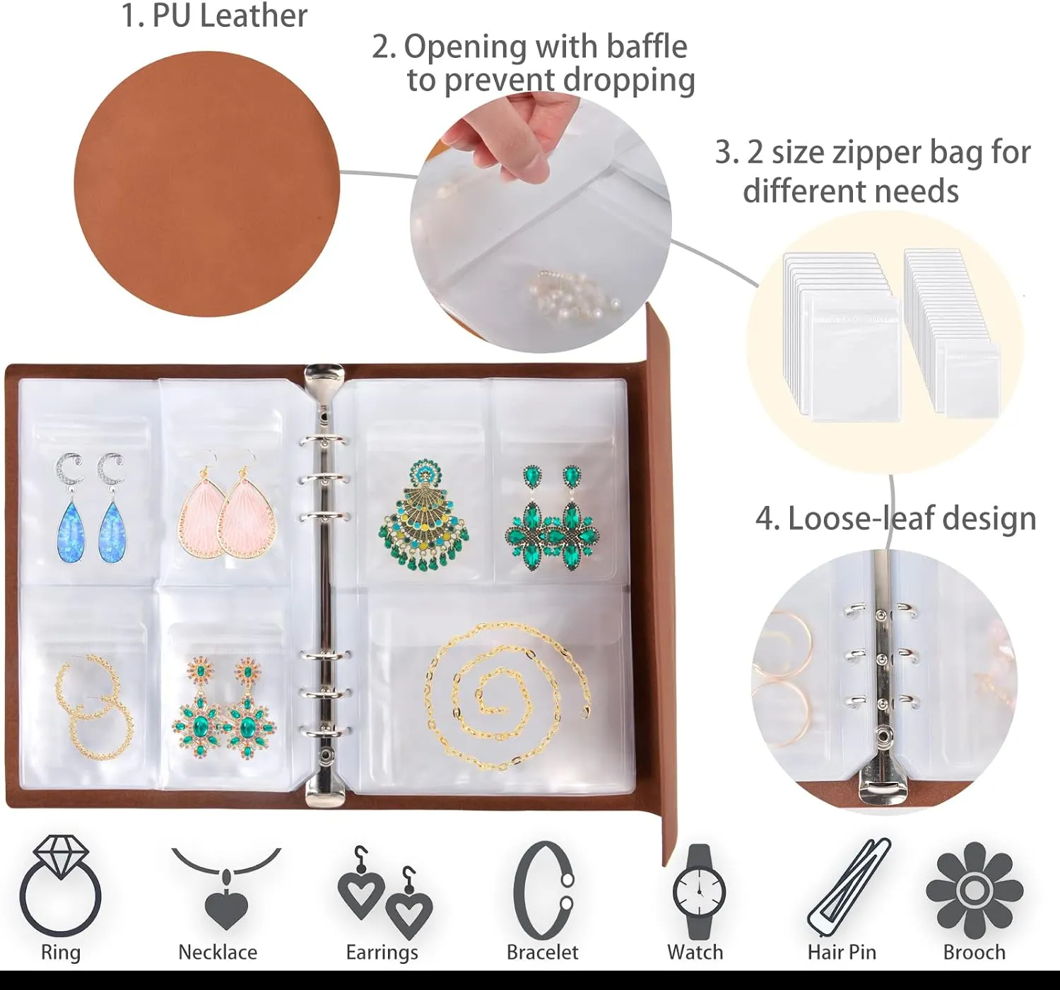 ChezMax Jewelry Organizer Book, Travel Earring Storage Case with Pockets, PU Leather Portable Jewelry Holder with Clear Bags for Necklace, Rings, Bracelets, Stud (76 Grids 76 Anti-Oxidation PVC Bags)