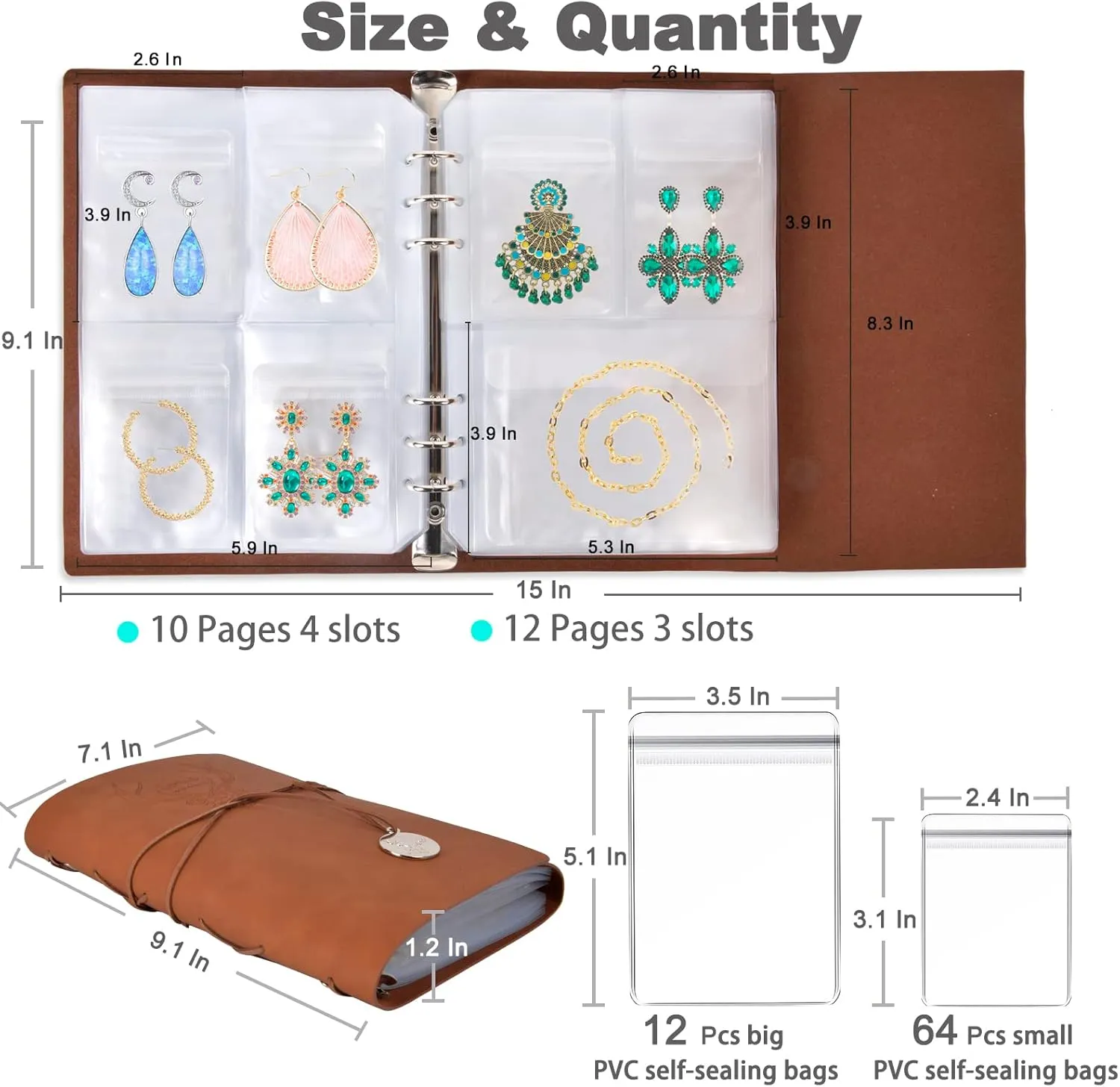 ChezMax Jewelry Organizer Book, Travel Earring Storage Case with Pockets, PU Leather Portable Jewelry Holder with Clear Bags for Necklace, Rings, Bracelets, Stud (76 Grids 76 Anti-Oxidation PVC Bags)
