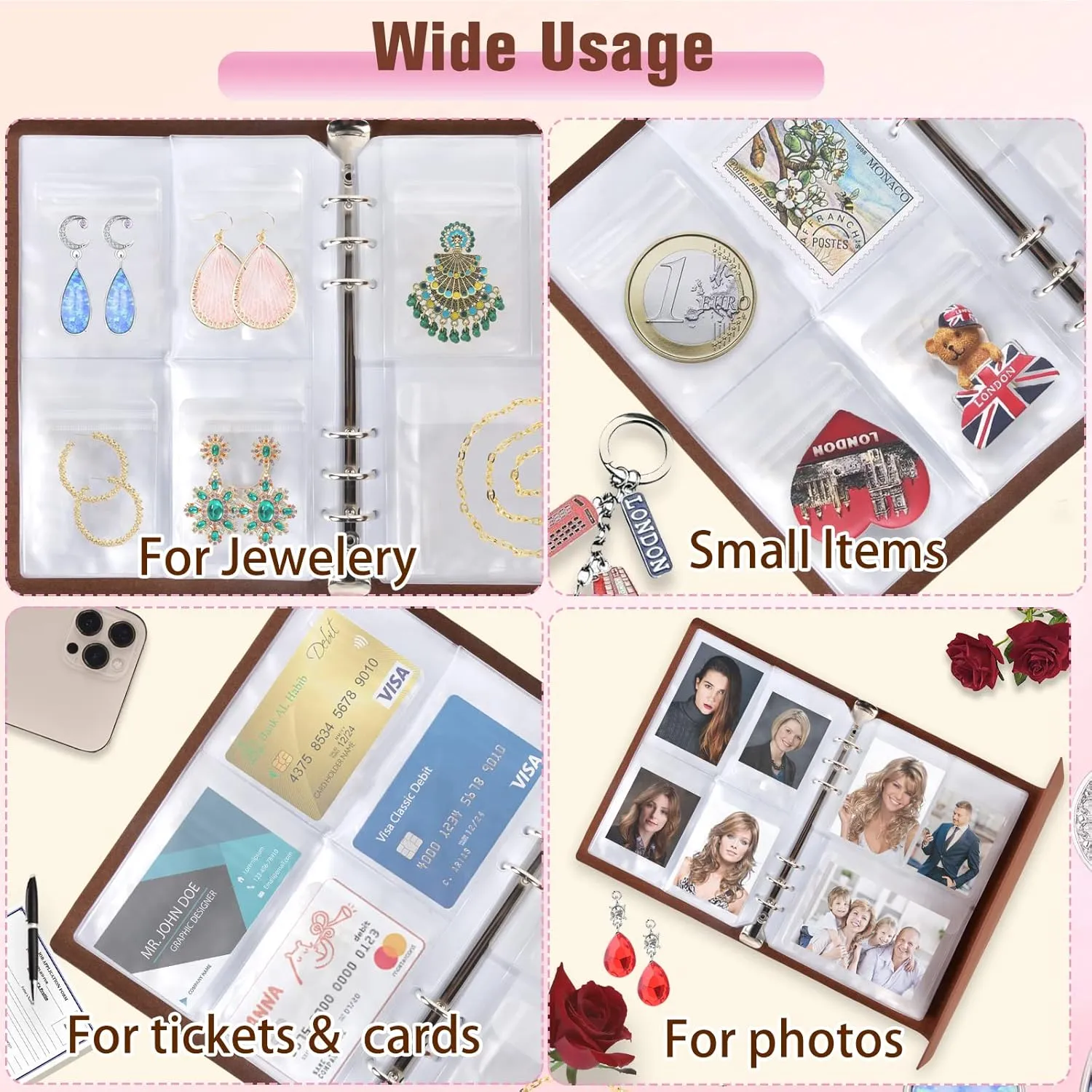 ChezMax Jewelry Organizer Book, Travel Earring Storage Case with Pockets, PU Leather Portable Jewelry Holder with Clear Bags for Necklace, Rings, Bracelets, Stud (76 Grids 76 Anti-Oxidation PVC Bags)