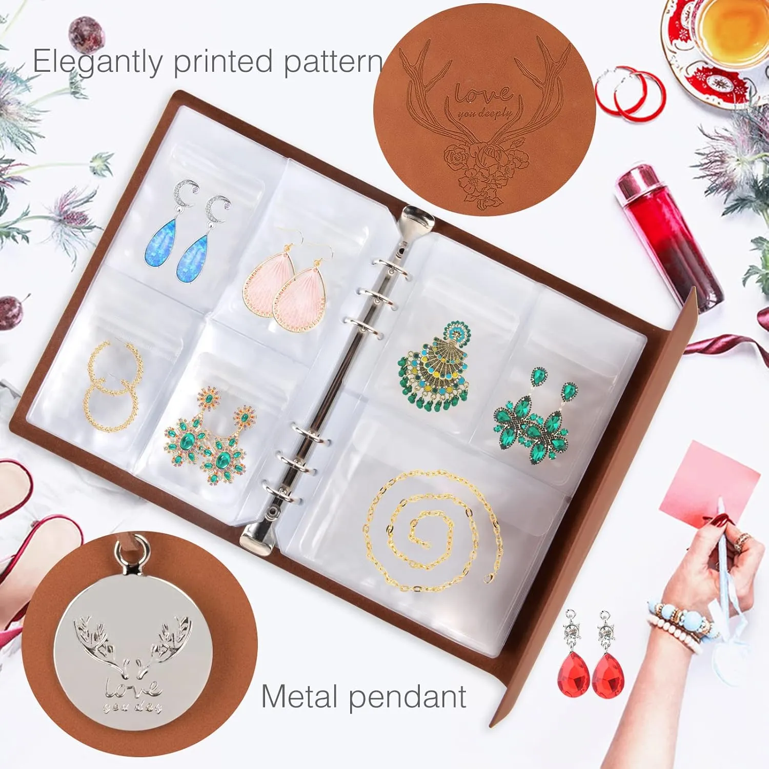 ChezMax Jewelry Organizer Book, Travel Earring Storage Case with Pockets, PU Leather Portable Jewelry Holder with Clear Bags for Necklace, Rings, Bracelets, Stud (76 Grids 76 Anti-Oxidation PVC Bags)