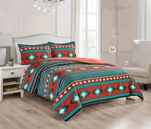 Chezmoi Collection 3-Piece Southwestern Geometric Tribal Multicolor Red Teal Beige Comforter Set, Queen Size