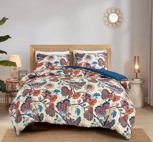 Chezmoi Collection Azura 3-Piece Floral Comforter Set Queen - Multicolor Blue Red Orange Cream Printed Microfiber Lightweight Bedding Set for All Season