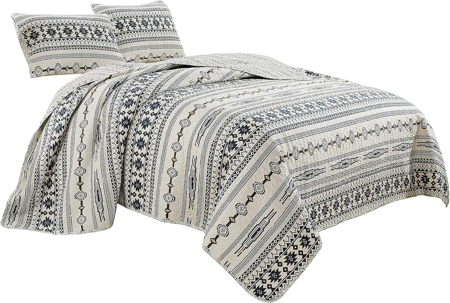 Chezmoi Collection Colby 3-Piece Western Quilt Set - Geometric Tribal Ivory Navy Brown Red Printed Pre-Washed Reversible Microfiber Bedspread Set, Queen Size