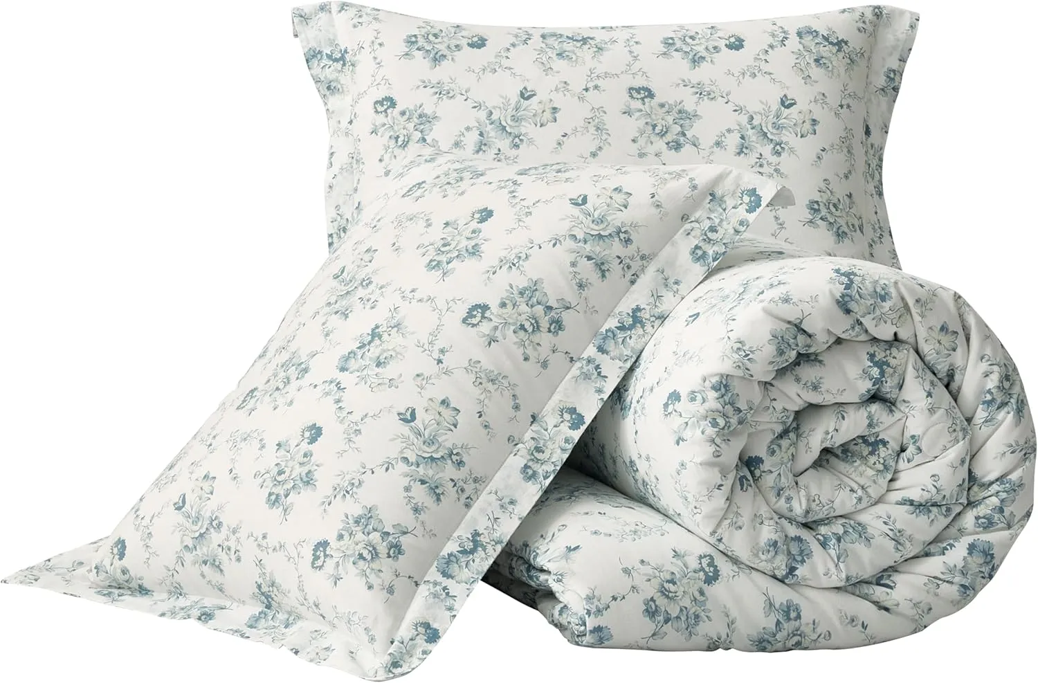 Chezmoi Collection Gigi 3-Piece Queen Size Washed Cotton Floral Comforter Set - Elegant Blue Ivory White Floral Printed Bedding Set Reversible Lightweight Comforter for All Season