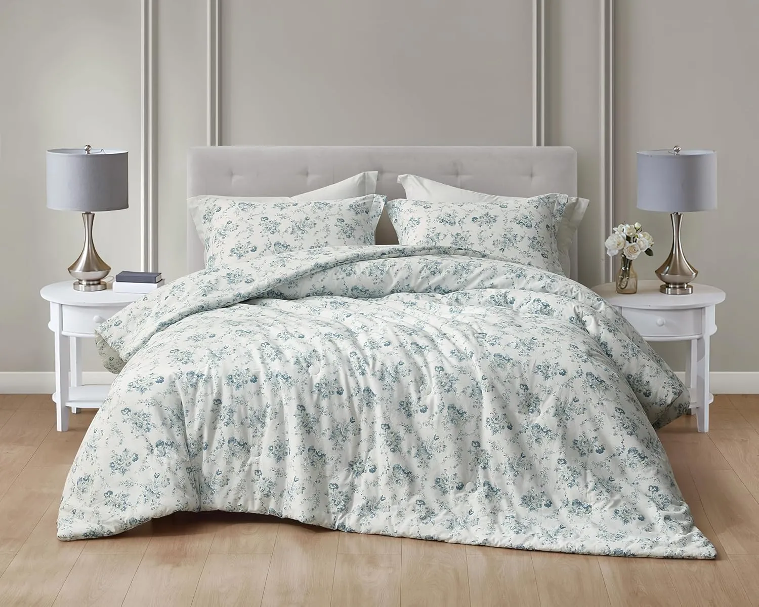 Chezmoi Collection Gigi 3-Piece Queen Size Washed Cotton Floral Comforter Set - Elegant Blue Ivory White Floral Printed Bedding Set Reversible Lightweight Comforter for All Season