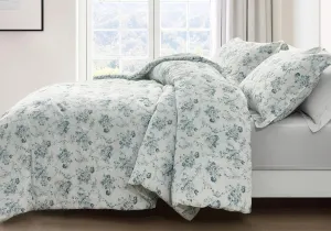 Chezmoi Collection Gigi 3-Piece Queen Size Washed Cotton Floral Comforter Set - Elegant Blue Ivory White Floral Printed Bedding Set Reversible Lightweight Comforter for All Season