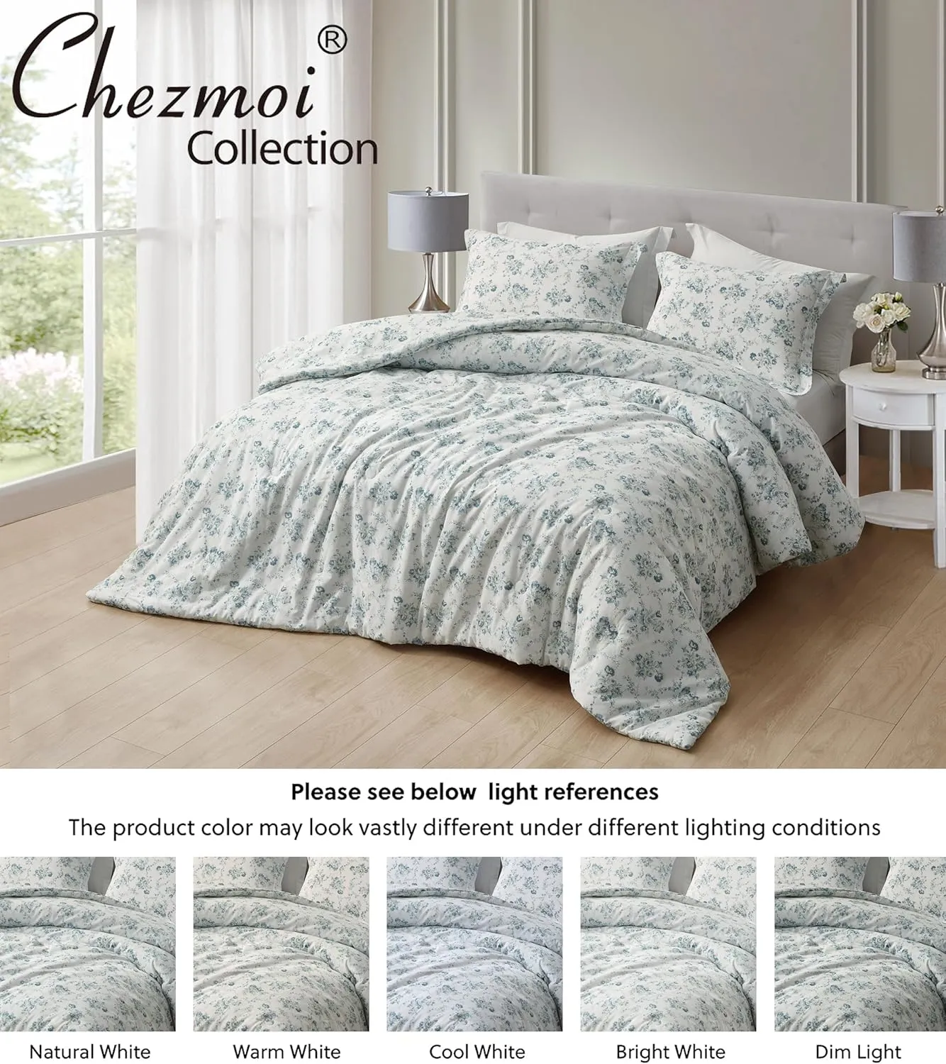 Chezmoi Collection Gigi 3-Piece Queen Size Washed Cotton Floral Comforter Set - Elegant Blue Ivory White Floral Printed Bedding Set Reversible Lightweight Comforter for All Season