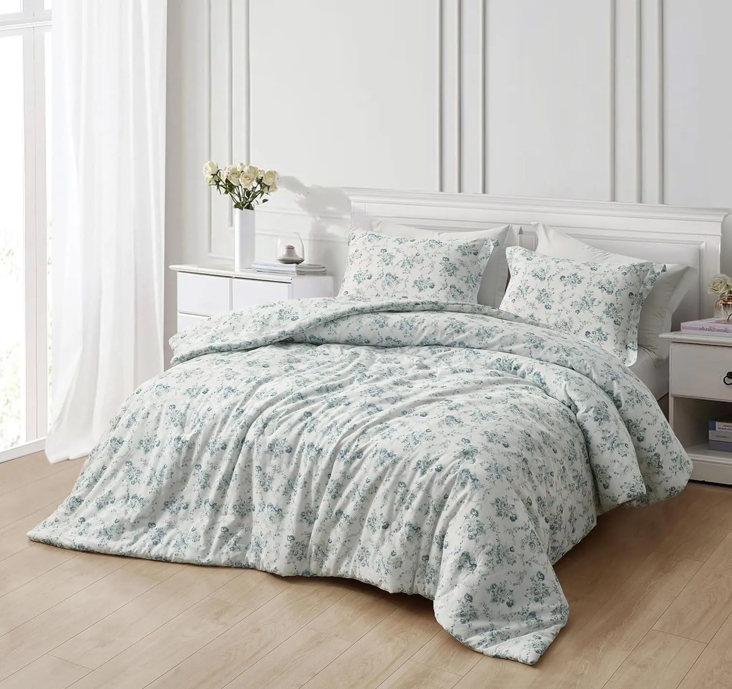 Chezmoi Collection Gigi 3-Piece Queen Size Washed Cotton Floral Comforter Set - Elegant Blue Ivory White Floral Printed Bedding Set Reversible Lightweight Comforter for All Season