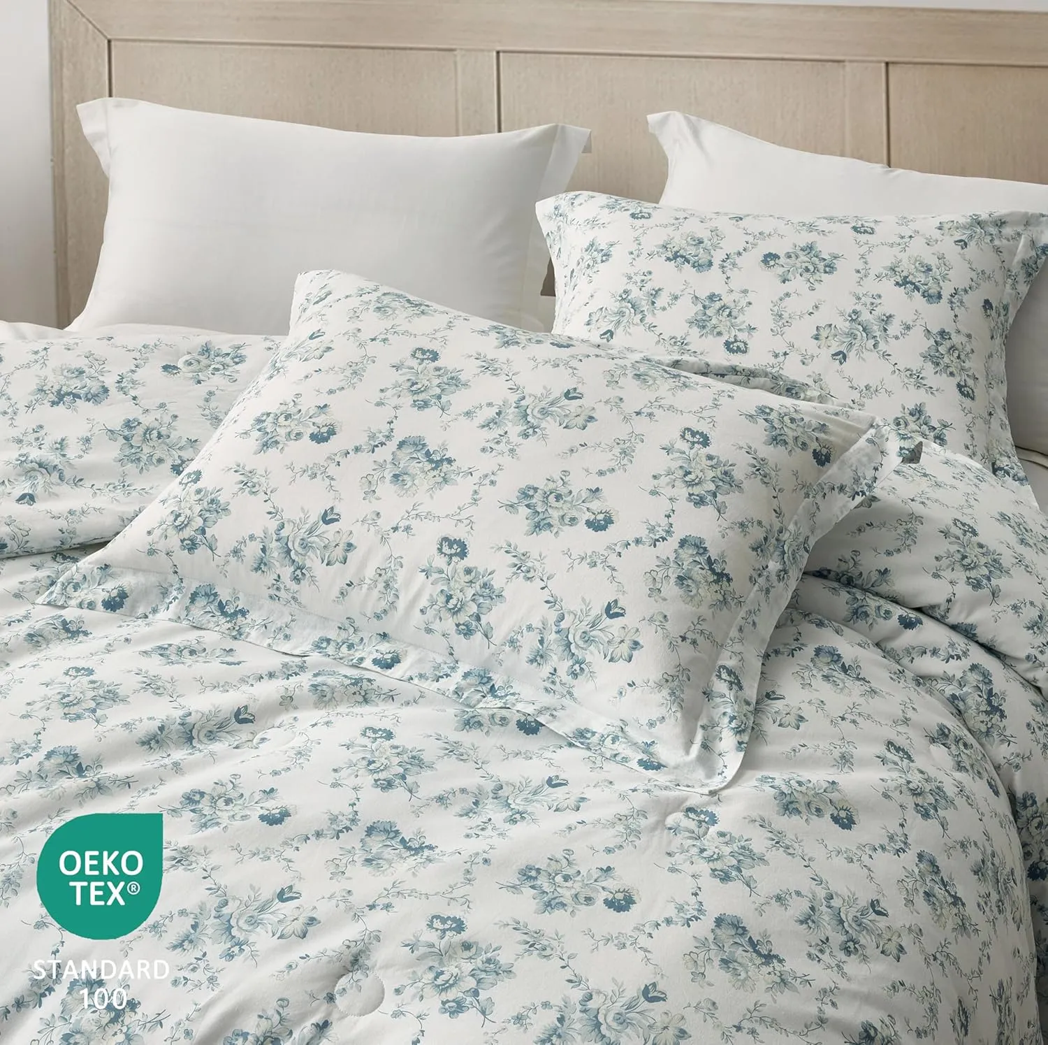 Chezmoi Collection Gigi 3-Piece Queen Size Washed Cotton Floral Comforter Set - Elegant Blue Ivory White Floral Printed Bedding Set Reversible Lightweight Comforter for All Season