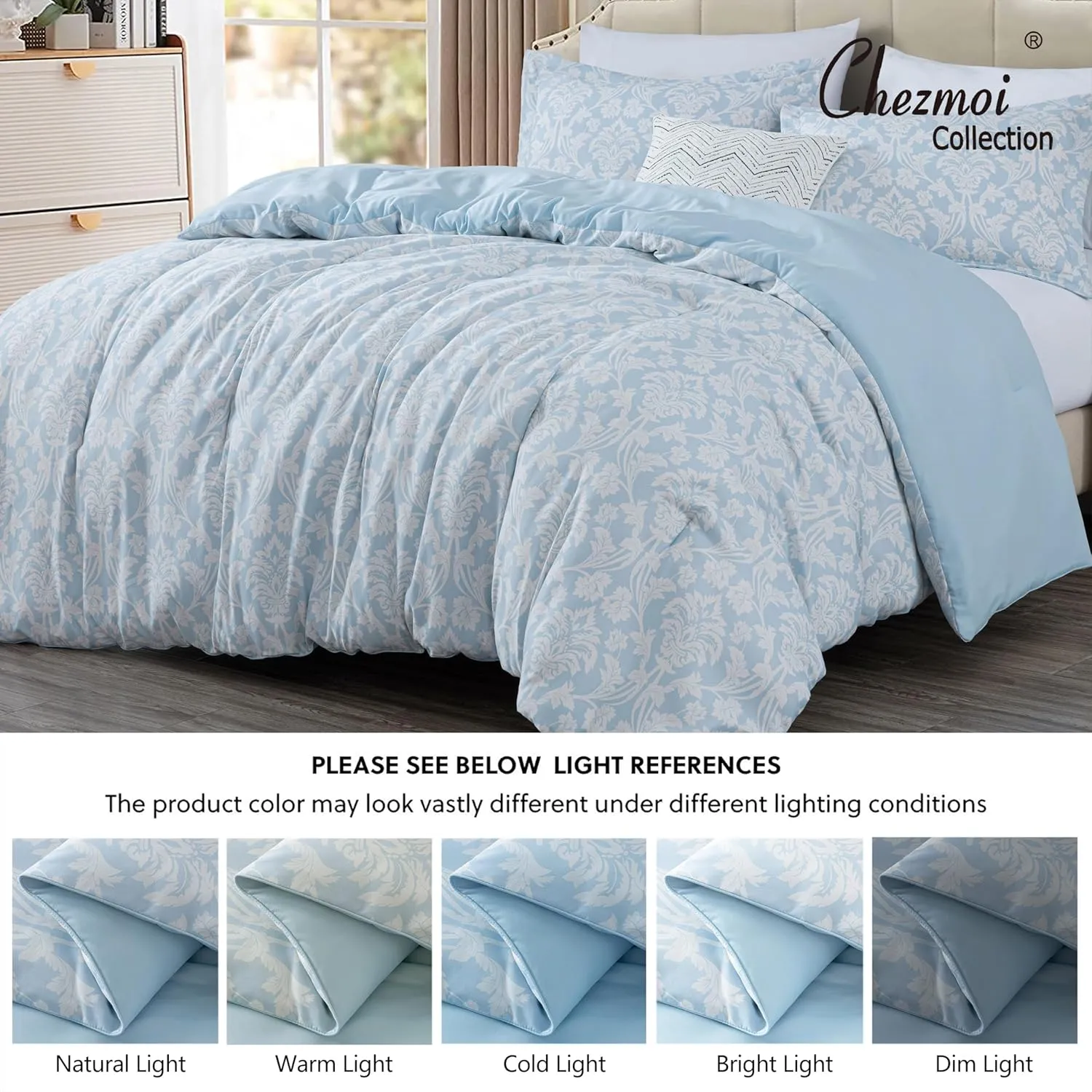 Chezmoi Collection Ivy Floral Medallion Comforter Set King Size, 3-Piece Blue/White Floral Printed Lightweight Bedding Comforter Set for All Seasons