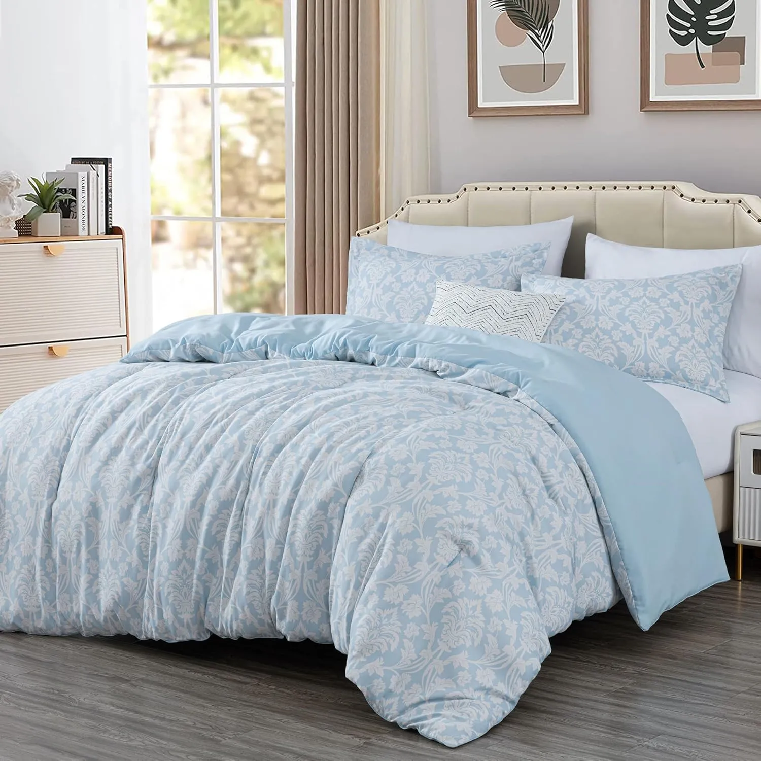 Chezmoi Collection Ivy Floral Medallion Comforter Set King Size, 3-Piece Blue/White Floral Printed Lightweight Bedding Comforter Set for All Seasons