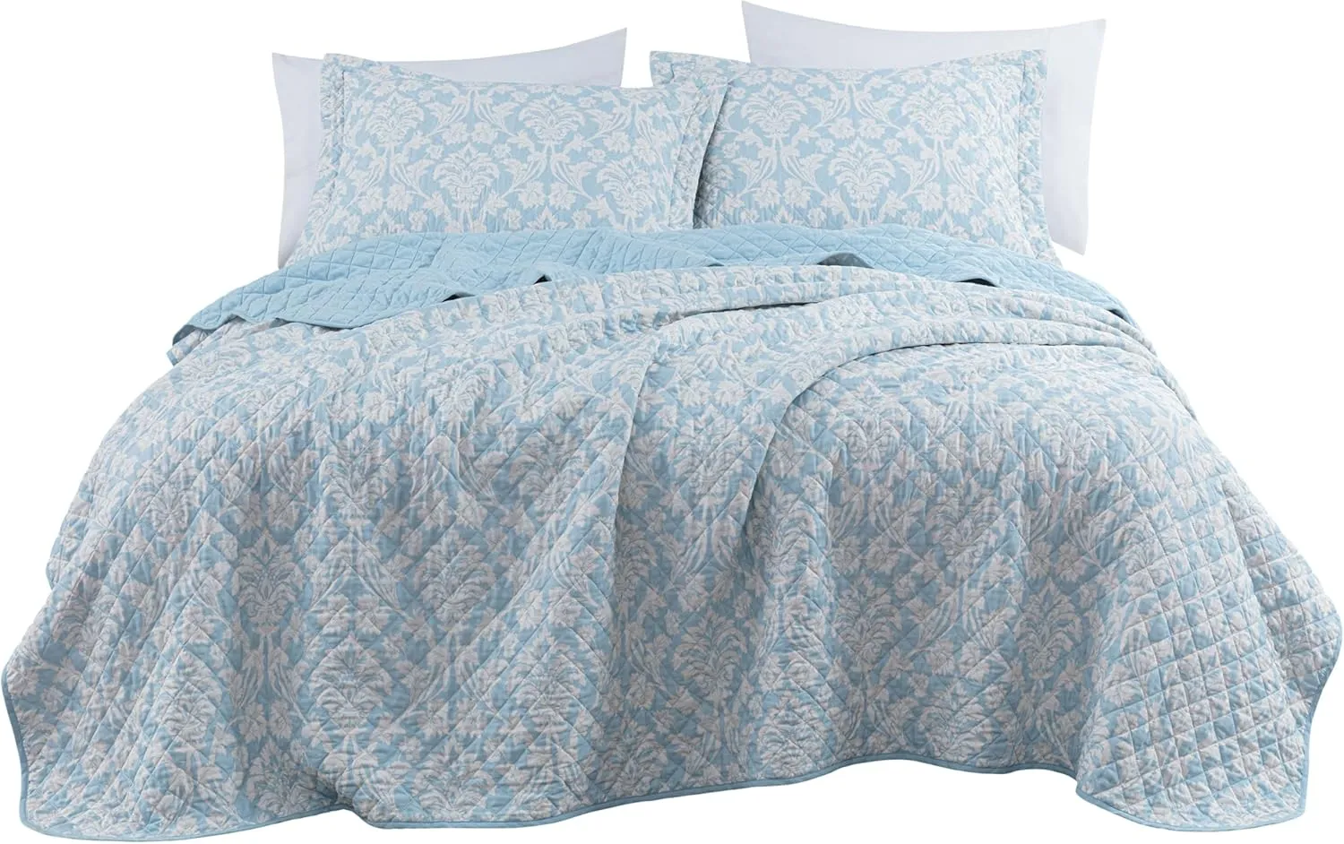 Chezmoi Collection Ivy Floral Medallion Quilt Set Queen Size, 3-Piece Blue/White Floral Printed Pre-Washed Reversible Microfiber Bedspread Set