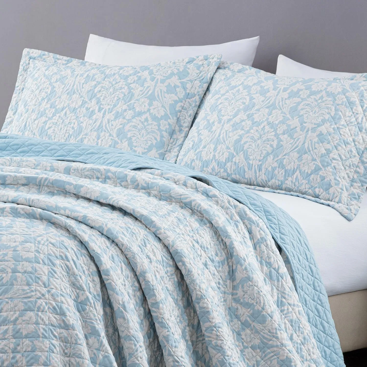 Chezmoi Collection Ivy Floral Medallion Quilt Set Queen Size, 3-Piece Blue/White Floral Printed Pre-Washed Reversible Microfiber Bedspread Set