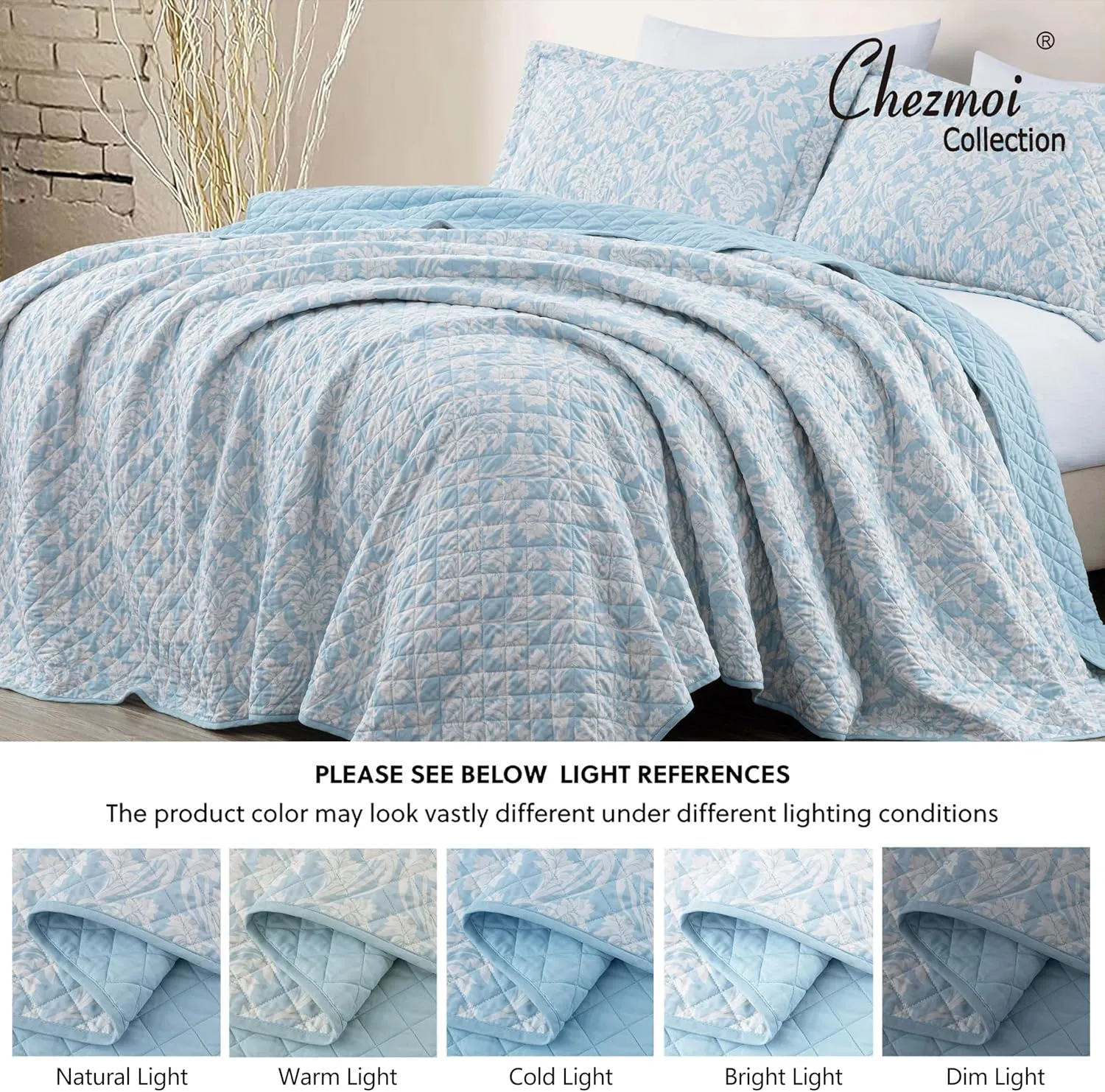 Chezmoi Collection Ivy Floral Medallion Quilt Set Queen Size, 3-Piece Blue/White Floral Printed Pre-Washed Reversible Microfiber Bedspread Set