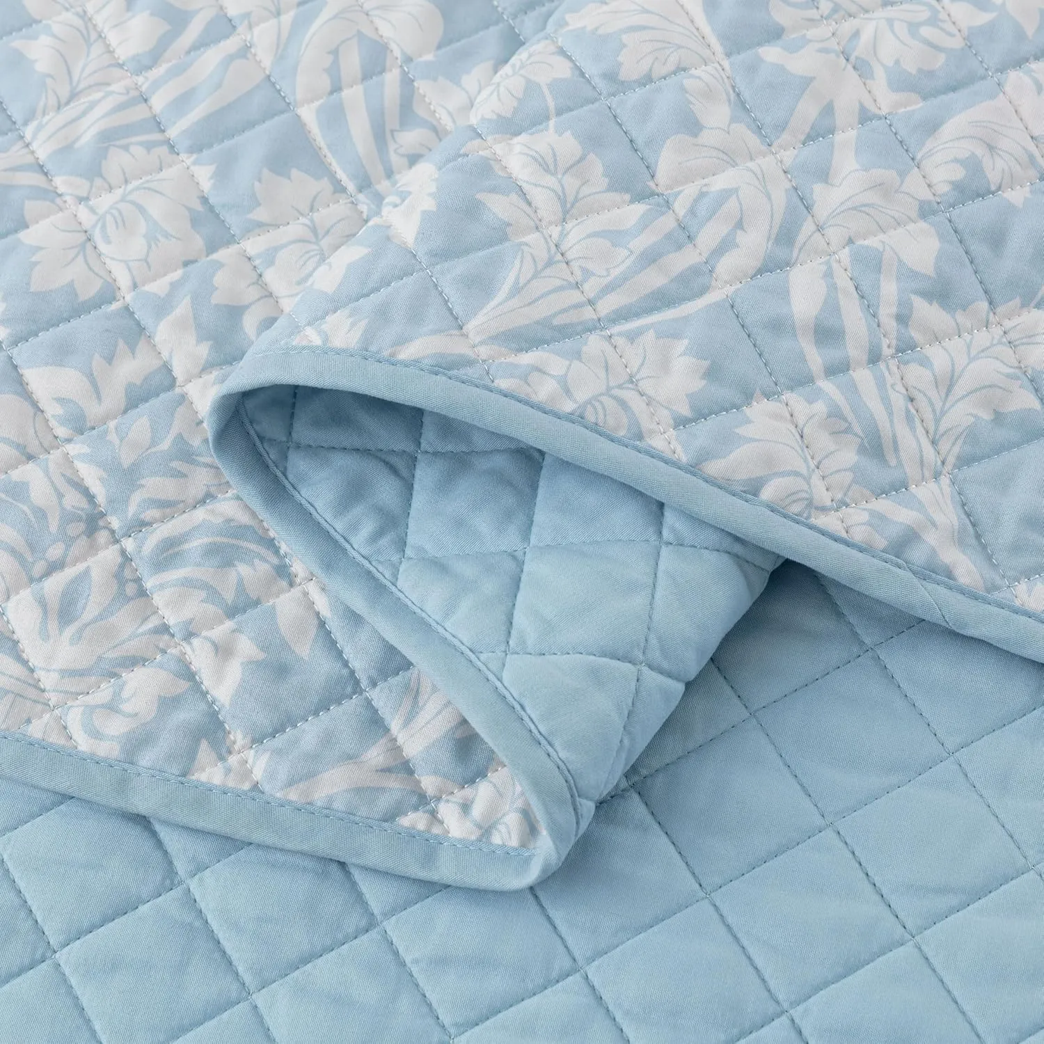 Chezmoi Collection Ivy Floral Medallion Quilt Set Queen Size, 3-Piece Blue/White Floral Printed Pre-Washed Reversible Microfiber Bedspread Set