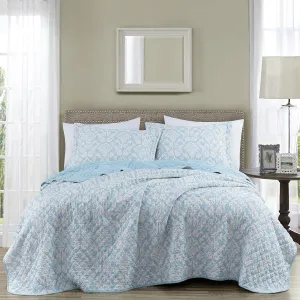 Chezmoi Collection Ivy Floral Medallion Quilt Set Queen Size, 3-Piece Blue/White Floral Printed Pre-Washed Reversible Microfiber Bedspread Set