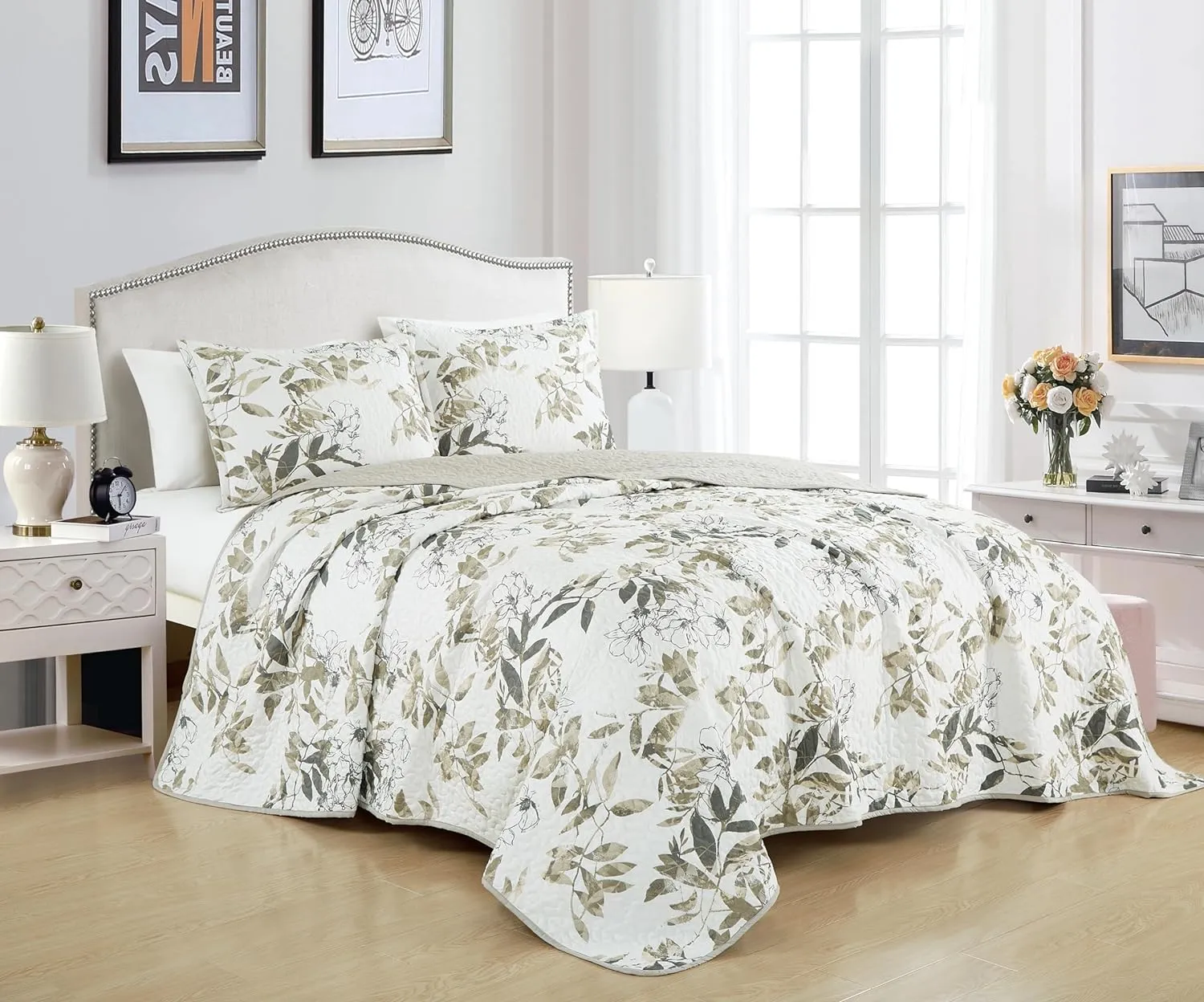 Chezmoi Collection Julia 3-Piece Floral Quilt Set Queen - Multicolor Taupe-Green Gray White Floral Leaves Printed Microfiber Lightweight Bedspread Set for All Season