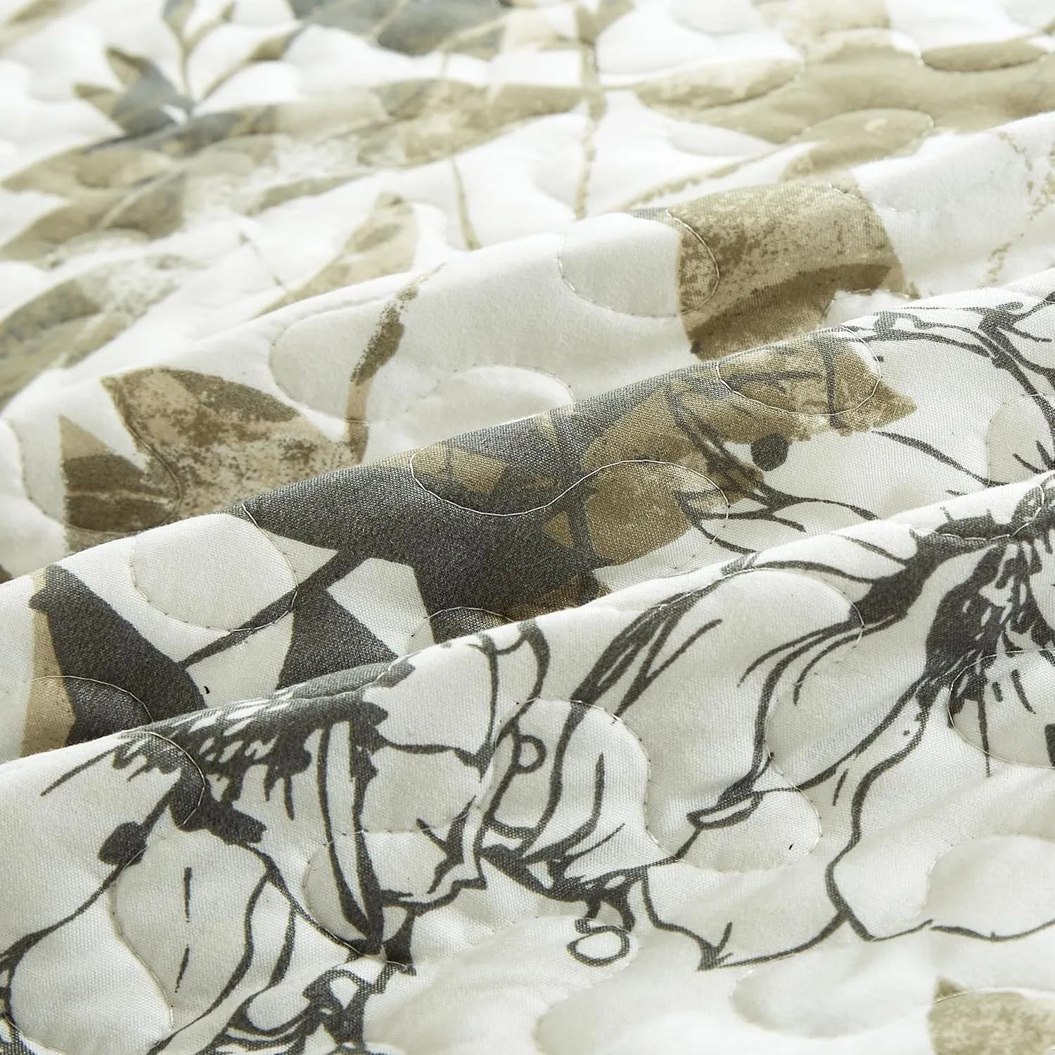 Chezmoi Collection Julia 3-Piece Floral Quilt Set Queen - Multicolor Taupe-Green Gray White Floral Leaves Printed Microfiber Lightweight Bedspread Set for All Season