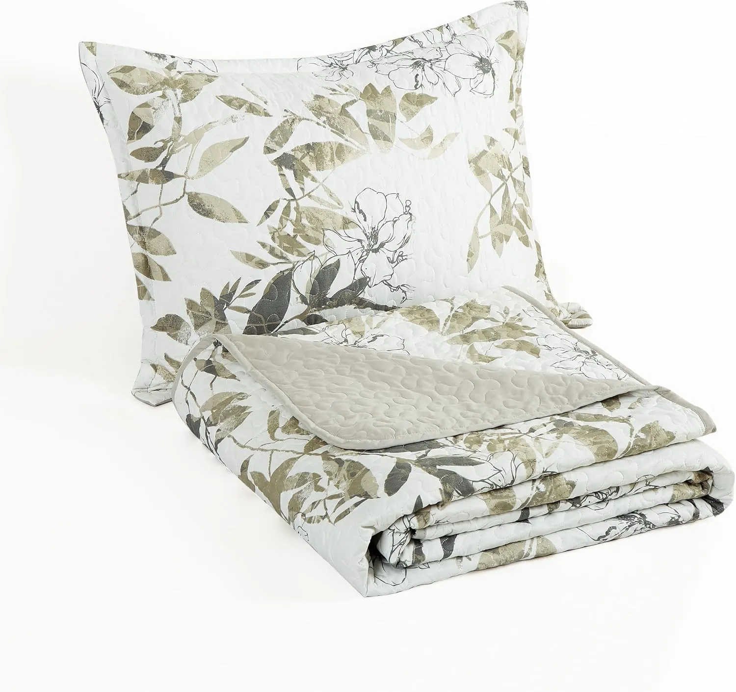 Chezmoi Collection Julia 3-Piece Floral Quilt Set Queen - Multicolor Taupe-Green Gray White Floral Leaves Printed Microfiber Lightweight Bedspread Set for All Season