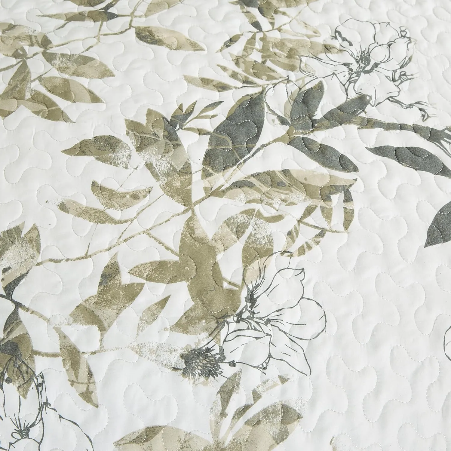 Chezmoi Collection Julia 3-Piece Floral Quilt Set Queen - Multicolor Taupe-Green Gray White Floral Leaves Printed Microfiber Lightweight Bedspread Set for All Season
