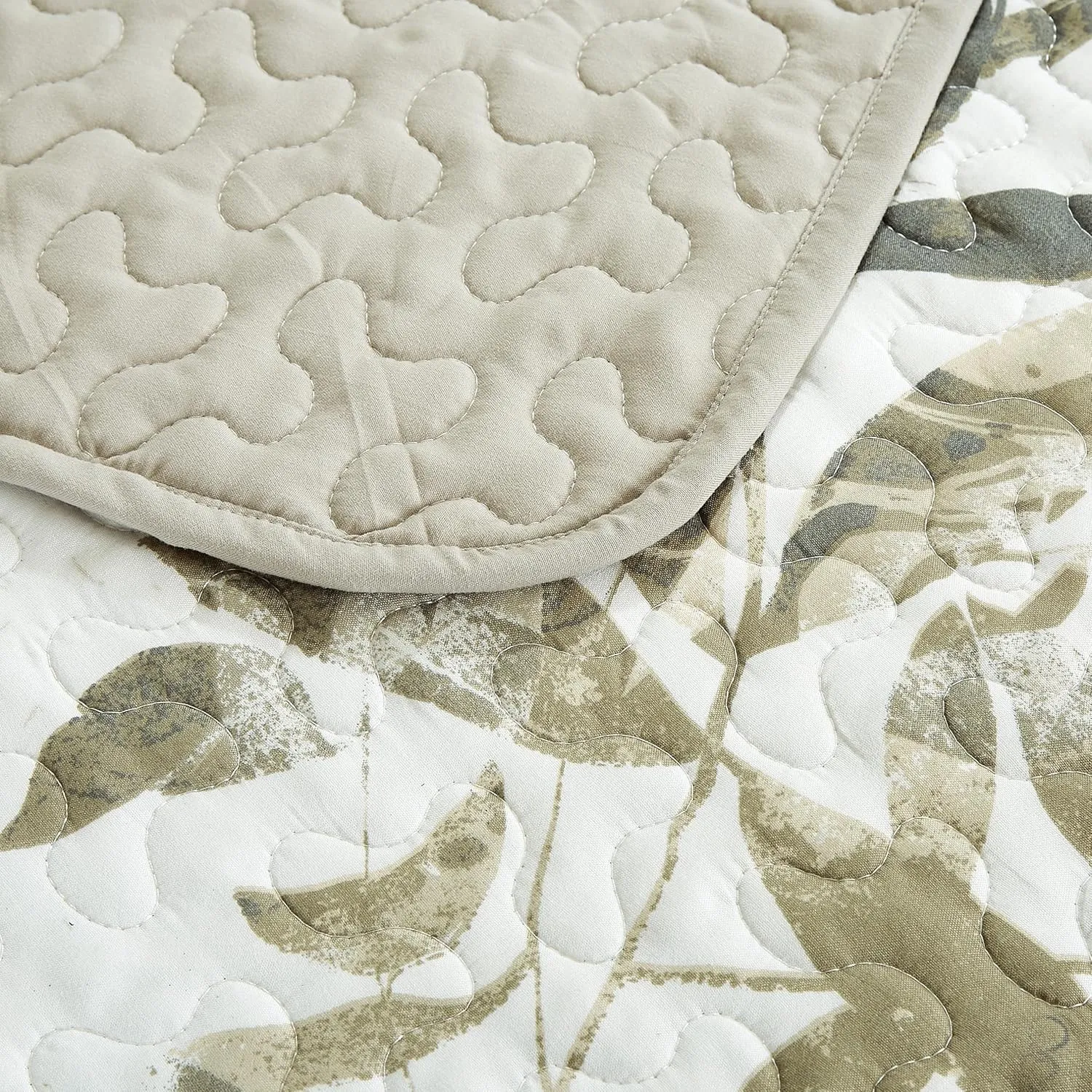 Chezmoi Collection Julia 3-Piece Floral Quilt Set Queen - Multicolor Taupe-Green Gray White Floral Leaves Printed Microfiber Lightweight Bedspread Set for All Season