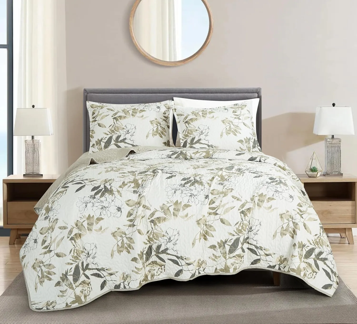 Chezmoi Collection Julia 3-Piece Floral Quilt Set Queen - Multicolor Taupe-Green Gray White Floral Leaves Printed Microfiber Lightweight Bedspread Set for All Season