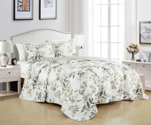 Chezmoi Collection Julia 3-Piece Floral Quilt Set Queen - Multicolor Taupe-Green Gray White Floral Leaves Printed Microfiber Lightweight Bedspread Set for All Season