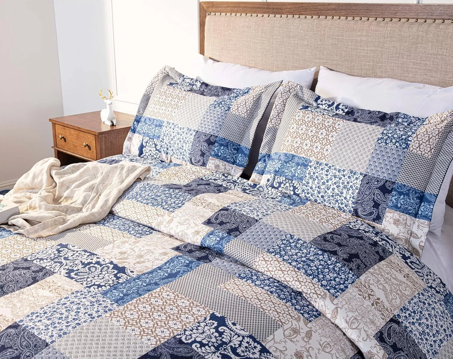 Chezmoi Collection Kai 3-Piece Floral Paisley Patchwork Printed Comforter Set, King, Navy Blue