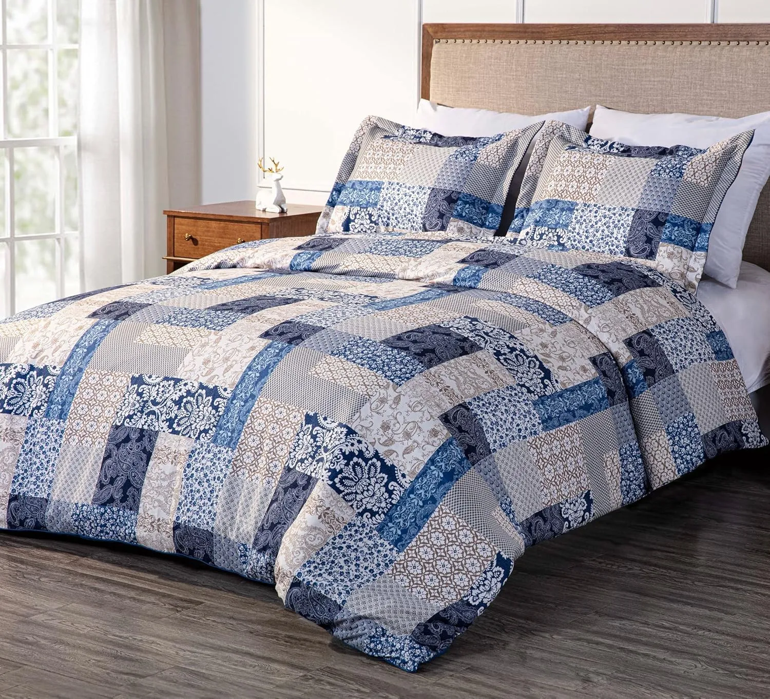 Chezmoi Collection Kai 3-Piece Floral Paisley Patchwork Printed Comforter Set, King, Navy Blue