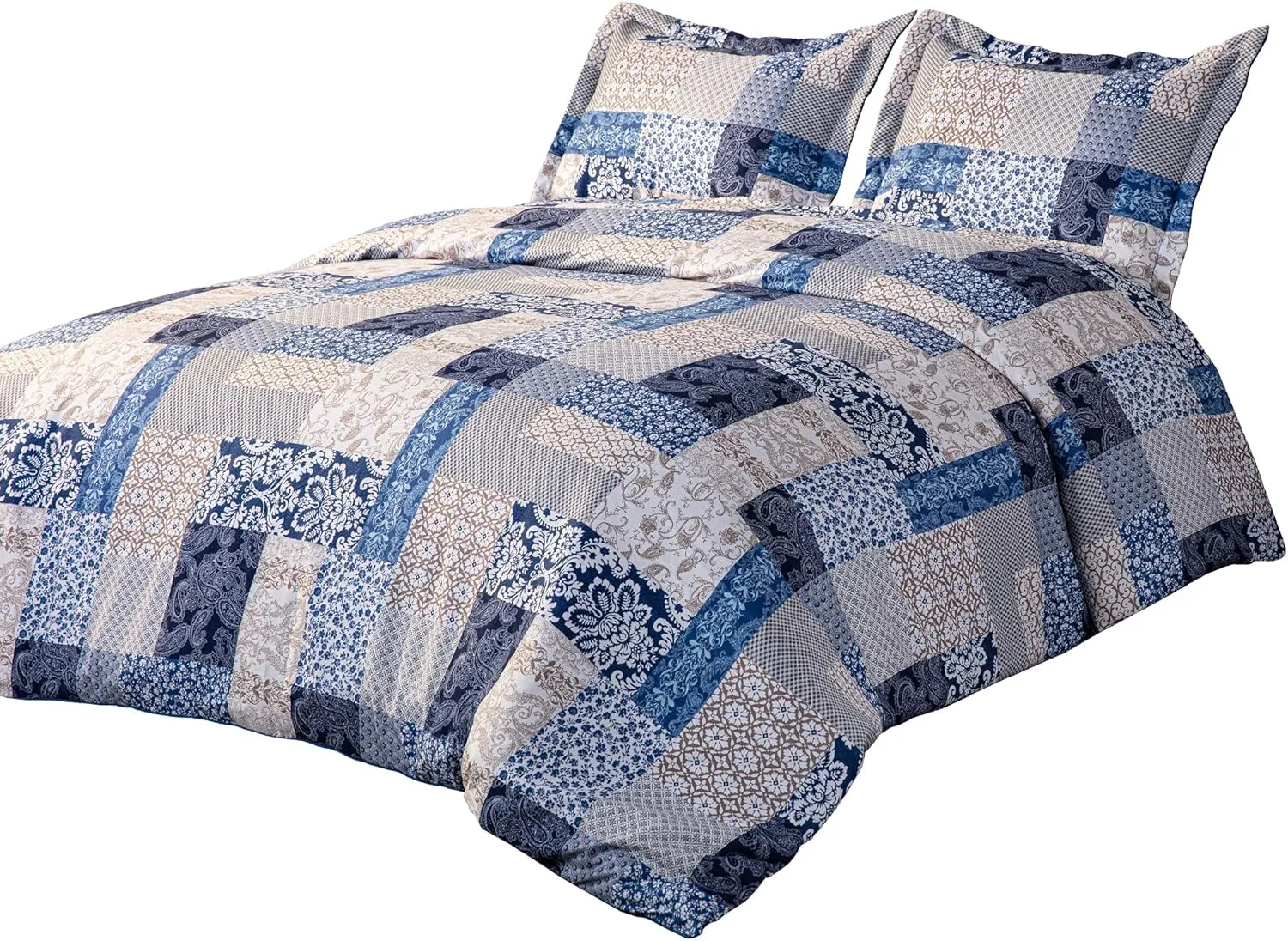 Chezmoi Collection Kai 3-Piece Floral Paisley Patchwork Printed Comforter Set, King, Navy Blue