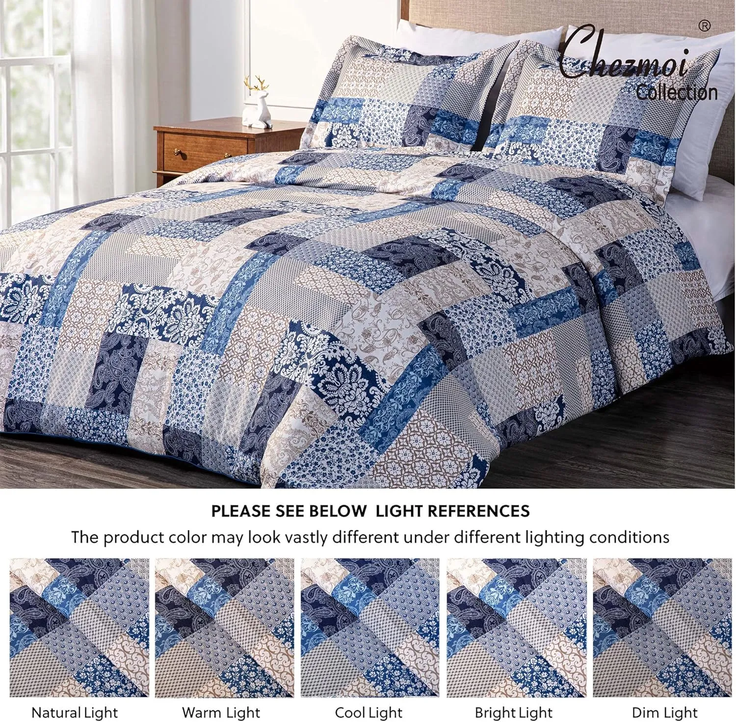 Chezmoi Collection Kai 3-Piece Floral Paisley Patchwork Printed Comforter Set, King, Navy Blue