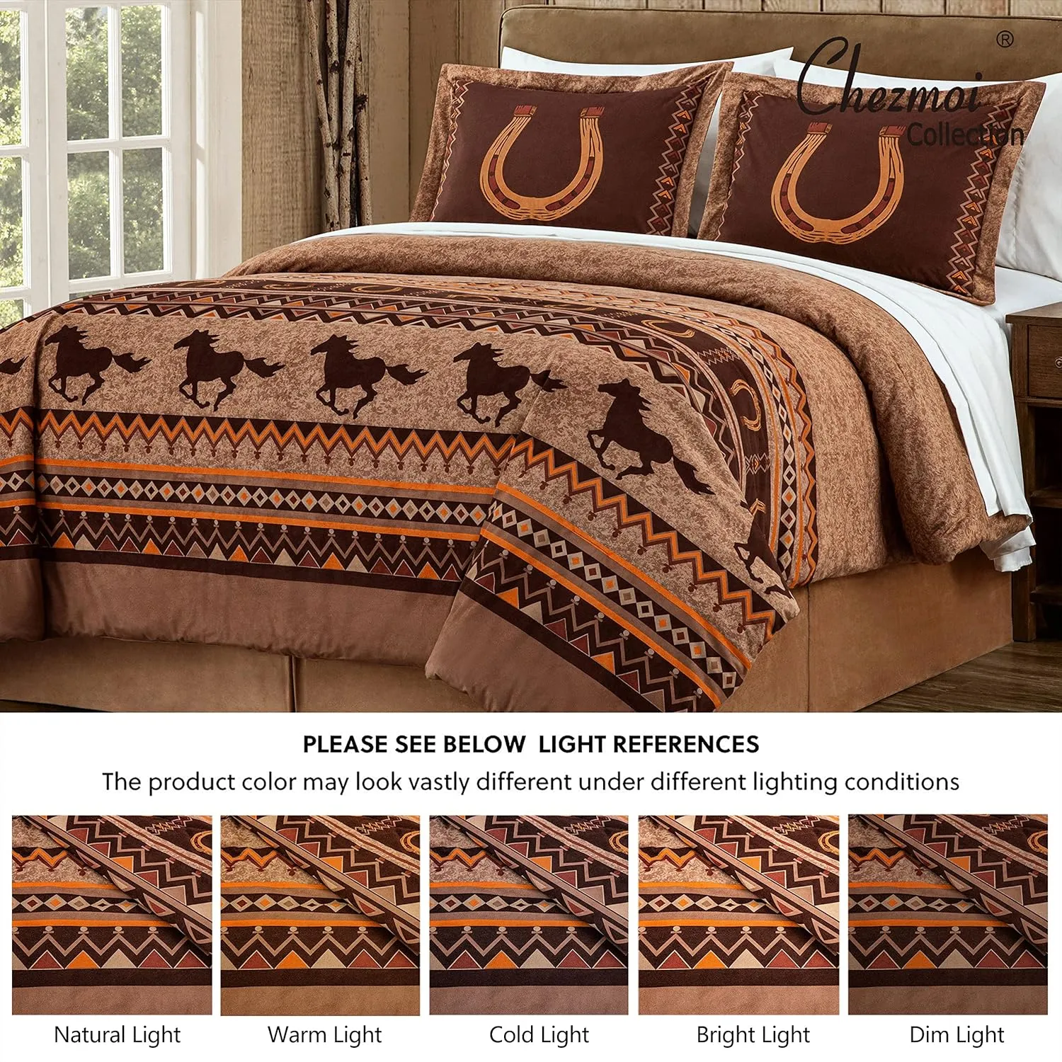 Chezmoi Collection Maverick 7-Piece Full Microsuede Bed in a Bag Comforter Set - Southwestern Wild Horses Russet Brown Bedding Set with Comforter and Sheets
