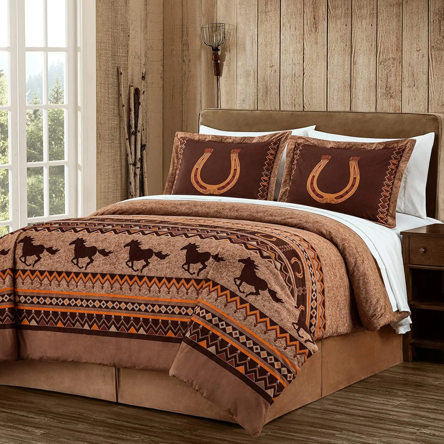 Chezmoi Collection Maverick 7-Piece Full Microsuede Bed in a Bag Comforter Set - Southwestern Wild Horses Russet Brown Bedding Set with Comforter and Sheets