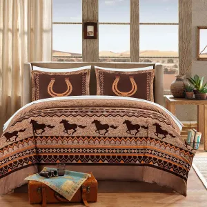 Chezmoi Collection Maverick 7-Piece Full Microsuede Bed in a Bag Comforter Set - Southwestern Wild Horses Russet Brown Bedding Set with Comforter and Sheets