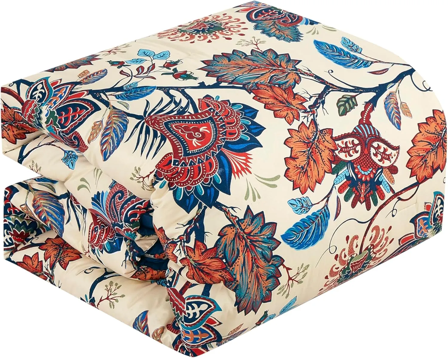 Chezmoi Collection Paradise Floral 7-Piece Printed Microfiber Comforter Set, Full - Multicolor Red Blue Cream Printed Lightweight Bedding Set