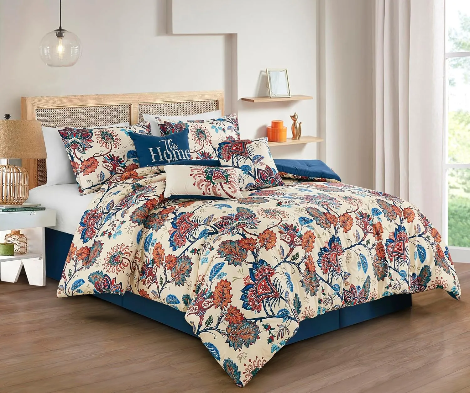 Chezmoi Collection Paradise Floral 7-Piece Printed Microfiber Comforter Set, Full - Multicolor Red Blue Cream Printed Lightweight Bedding Set