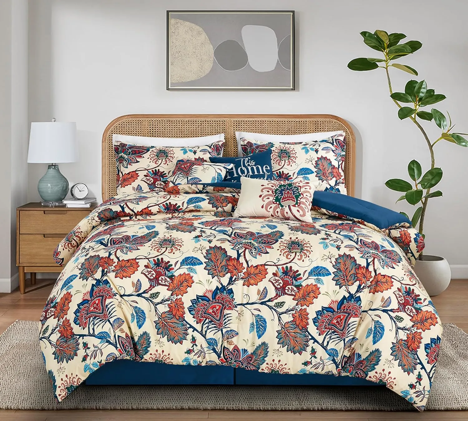 Chezmoi Collection Paradise Floral 7-Piece Printed Microfiber Comforter Set, Full - Multicolor Red Blue Cream Printed Lightweight Bedding Set