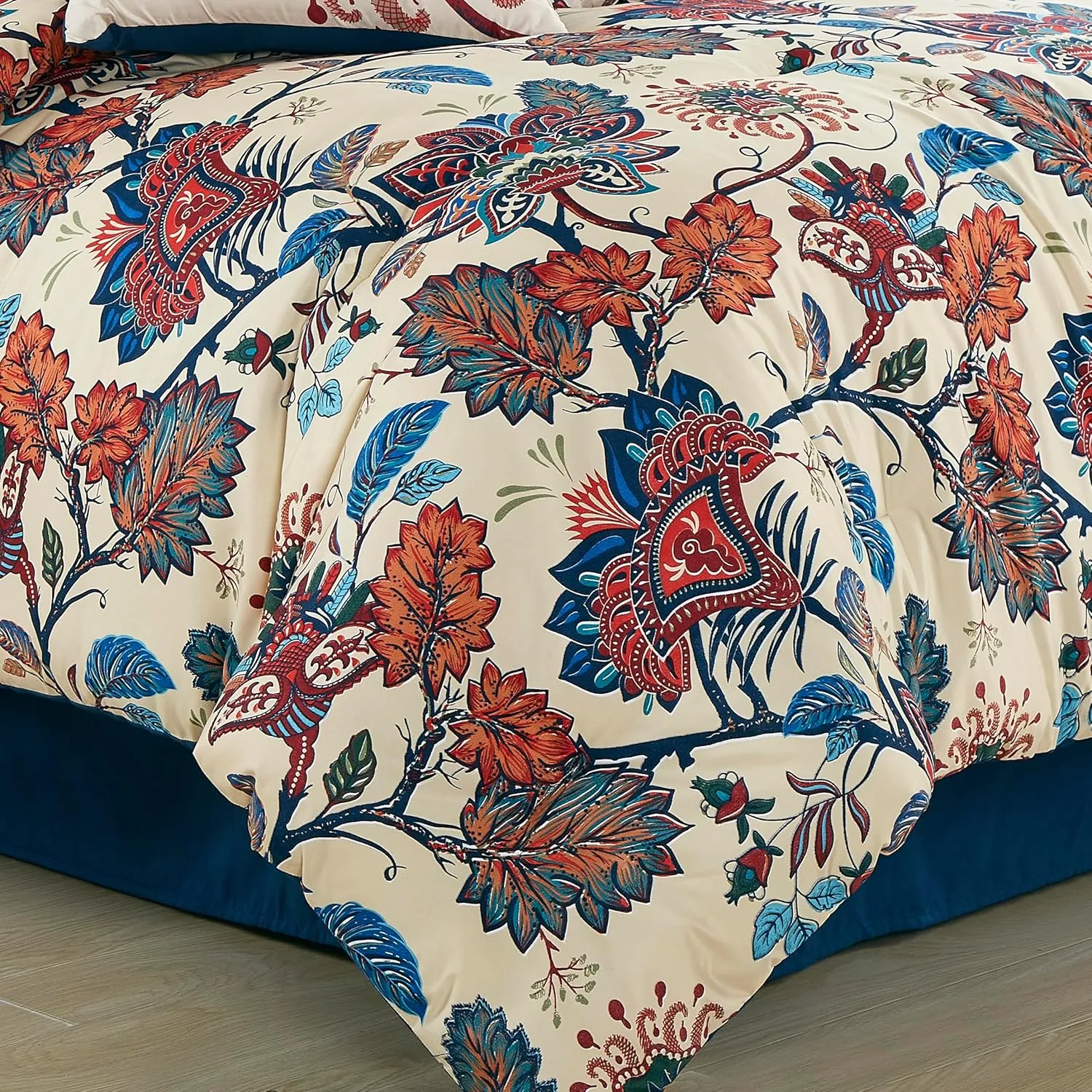 Chezmoi Collection Paradise Floral 7-Piece Printed Microfiber Comforter Set, Full - Multicolor Red Blue Cream Printed Lightweight Bedding Set