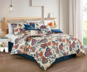 Chezmoi Collection Paradise Floral 7-Piece Printed Microfiber Comforter Set, Full - Multicolor Red Blue Cream Printed Lightweight Bedding Set