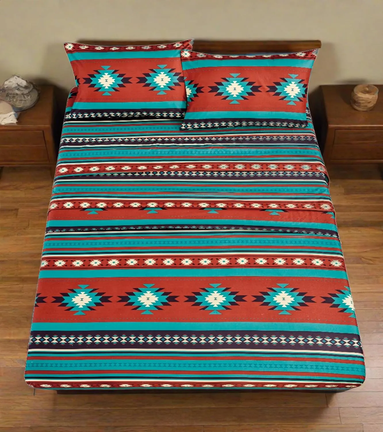 Chezmoi Collection Prescott 4-Piece Southwestern Geometric Tribal Multicolor Red Teal Beige Sheet Set, Queen Size